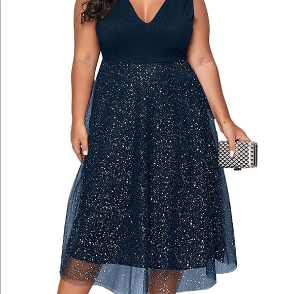 NWT Floerens Women’s Plus V Neck, Sleeveless Navy Blue Evening Midi Dress Sz 4x - Picture 6 of 6